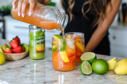 Fresh berries and citrus accompany a homemade jargarita being poured into a glass jar on a kitchen counter