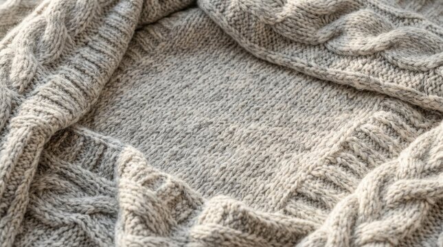 Close up view of a soft light grey knitted wool sweater with a beautiful cable knit pattern and a plain center section
