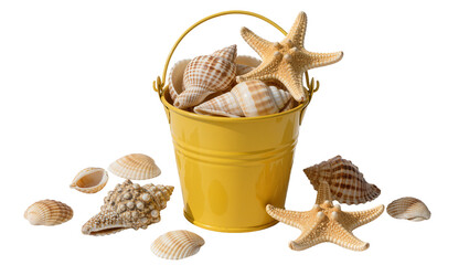 Yellow bucket overflowing with seashells and starfishes, isolated on transparent background © Alexandra