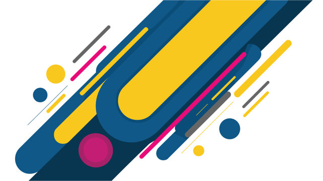 Abstract diagonal composition with blue, yellow, and pink rounded rectangles and circles
