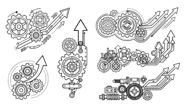 Gears and arrows illustrating growth and progress in mechanical design