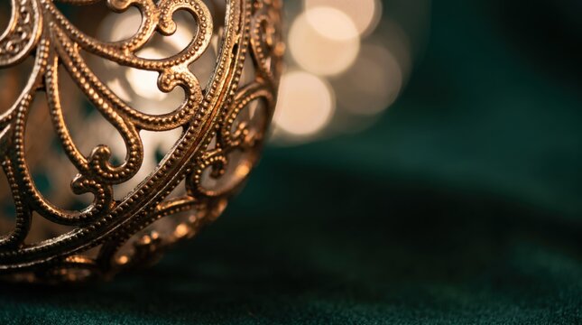 A close-up macro shot features an ornate golden christmas ornament with intricate filigree, resting on a dark green surface, enhanced by warm bokeh lights, creating an elegant holiday background.