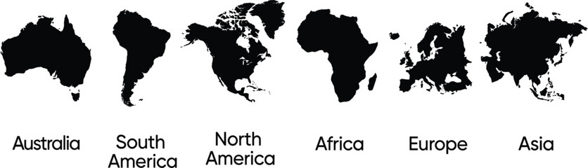 World continents black silhouette maps collection featuring Australia South America North America Africa Europe and Asia continents vector © MSTNASIMA