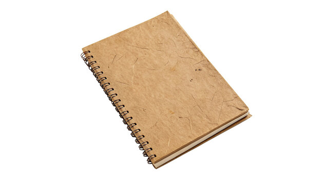 Closed blank brown kraft paper notebook spiral notepad stationery template isolated on transparent background.