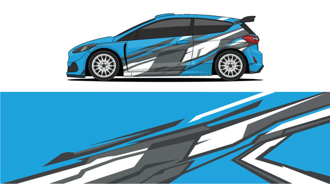 Car Wrap Design with Racing Livery in Blue Gray and White