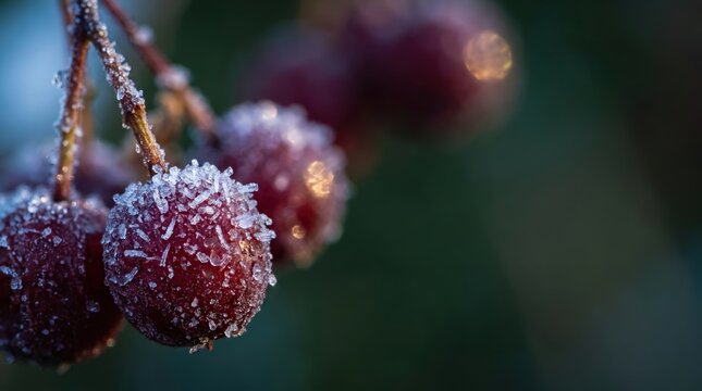 A stunning macro shot captures vibrant red berries heavily frosted on a branch, creating a beautiful winter holiday decoration with a soft bokeh background.