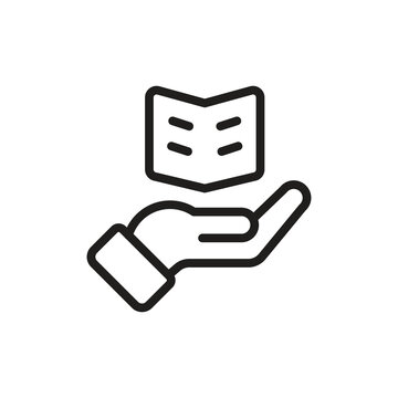 Hand holding open book outline icon vector. Education and knowledge sharing symbol for web or app interface.