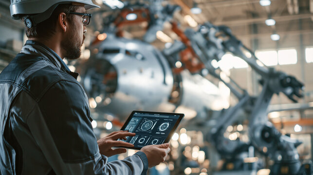 Engineer wearing protective helmet and holding a tablet