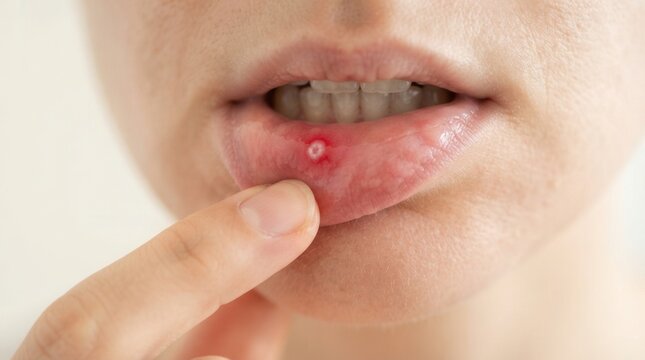 Close-up of a woman pulling down her lower lip to show symptoms of a mouth ulcer.