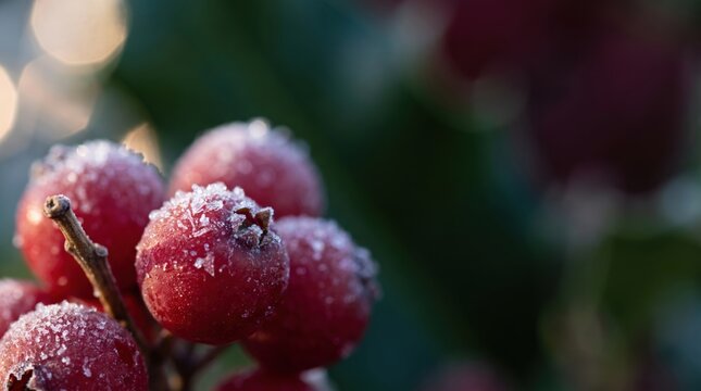 Vibrant macro close-up of glistening red frosted berries with green foliage, against soft bokeh festive christmas lights, creating a serene winter holiday mood.