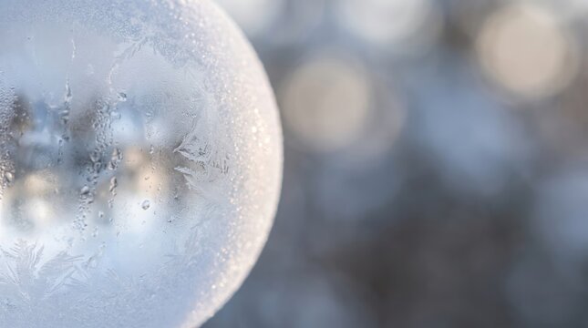 Macro close-up of a frozen bubble with ice crystal patterns and water droplets against a soft winter bokeh, evoking a serene holiday decoration.