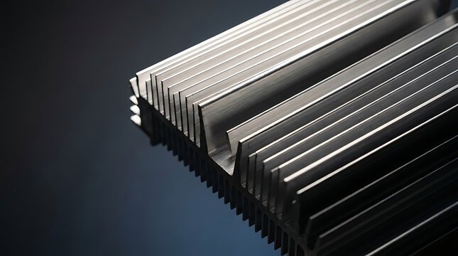 Close-up shot of a large silver heat sink with many fins, designed for cooling electronic components.