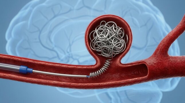 3D medical illustration of coil embolization inside a cerebral aneurysm via a microcatheter within an artery