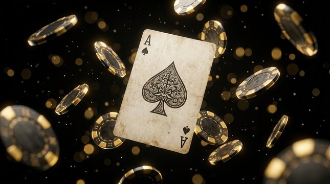 Dramatic casino gambling scene with a floating ace of spades card and luxury gold bokeh