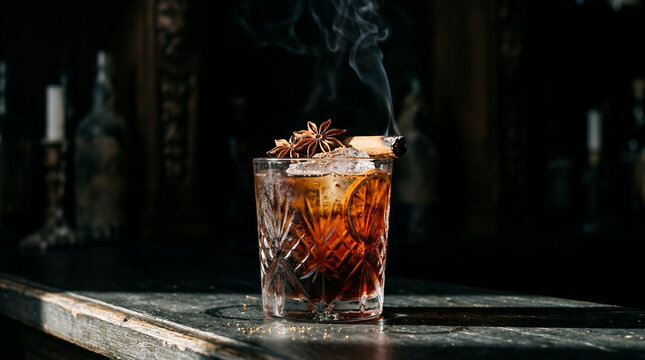 Gothic dark amber cocktail with star anise cinnamon stick and smoke