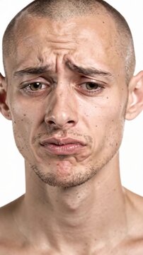 Close-up studio portrait of a young man with a short shaved head showing a shy, embarrassed, and hesitant facial expression with pursed lips and furrowed brow. Solid pure white background