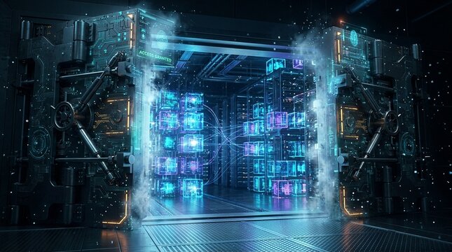 Digital vault door opening to reveal glowing data cubes, secure data storage and access concept