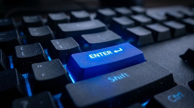 Close-up of keyboard with glowing blue enter key, digital technology and secure login concept