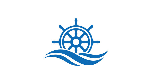 Blue ship steering wheel vector logo design concept with oceanic waves on white background