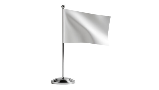 Blank white fabric flag on chrome pole and base, isolated on transparent background