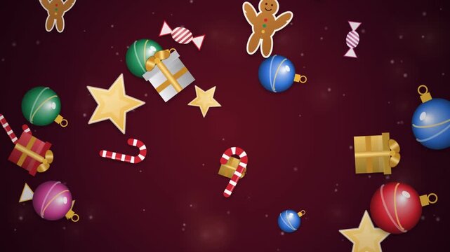 Festive holiday ornaments floating across dark red background with glowing stars and gift boxes