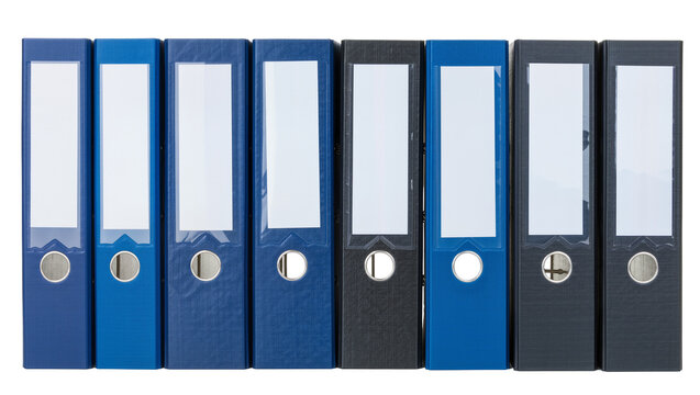 Row of blue and black lever arch binders with blank white labels, isolated on transparent background