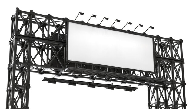 Large metal truss structure supporting blank billboard with lights, isolated on transparent background