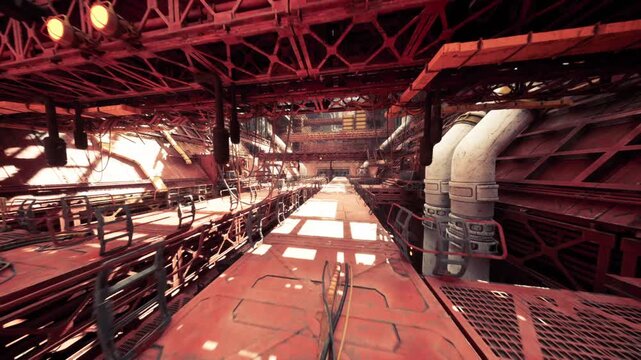 retrofuturistic engine bay with braided catwalks, sensor arrays blinking against aged paint, polished brass accents catching light, echoing passages and unseen