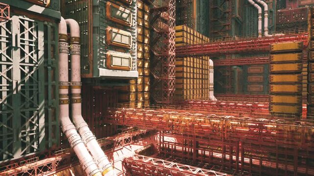 Industrial stage with abandoned scaffolding and idle pipes, light streaks reveal textured rust and dust particles, evocative scene for postindustrial