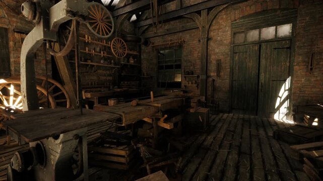 golden light through dusty workshop windows reveals stacked planks, old wheel, rope coils, shadowed shelving, restoration potential and lingering history