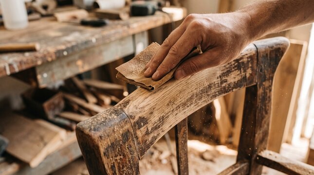 Hand sanding wooden chair frame in a workshop for Eco-Tech & Circular Economy  