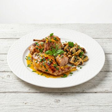 Roasted rabbit with orange sauce and saut&eacute;ed mushrooms with fresh herbs, on a white plate atop a white wooden table