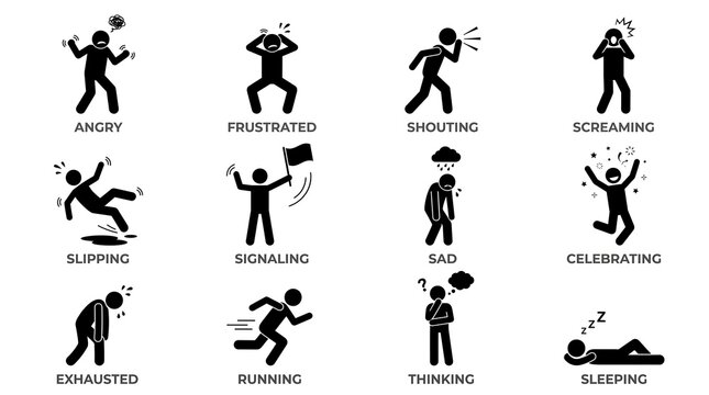 Stick figure emotions icon set, human feelings pictogram collection, black avatar actions graphic vector
