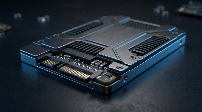 Internal components of a solid state drive with sata connector for data storage and computer hardware.