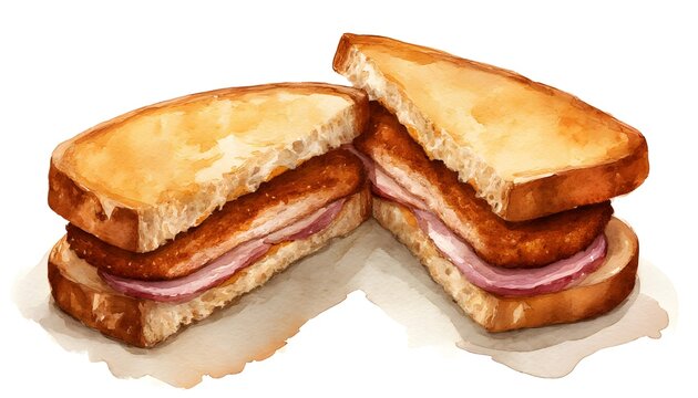 Watercolor of a katsu sando pork cutlet sandwich cut in half