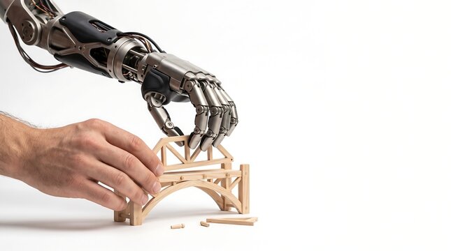 Human Hand and Robotic Hand Assembling a Wooden Bridge on White Background
