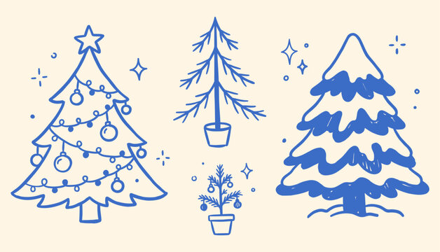 Blue hand drawn Christmas tree doodle set featuring decorated pine tree illustrations on beige background