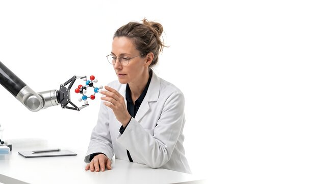 Medical Researcher Examining Molecular Model with Robotic Gripper on White Background