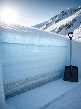 Backlit avalanche snow pit showing snowpack layers