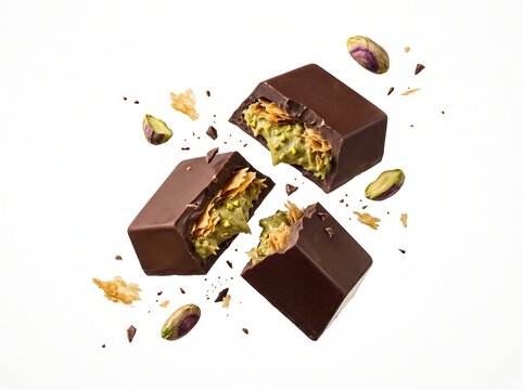 Luxury Pistachio Cream Filled Chocolate Squares Suspended in Midair on White Background