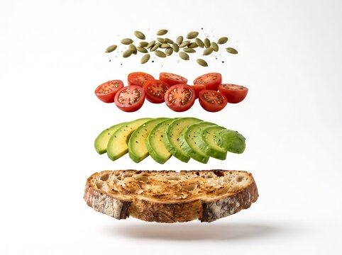 Floating Avocado Toast Ingredients with Cherry Tomatoes and Pumpkin Seeds on White Background