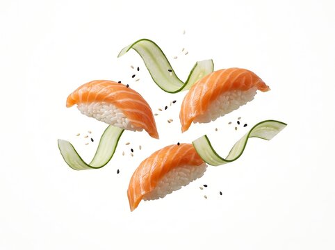Floating Salmon Nigiri Sushi with Cucumber Ribbons and Sesame Seeds on White Background