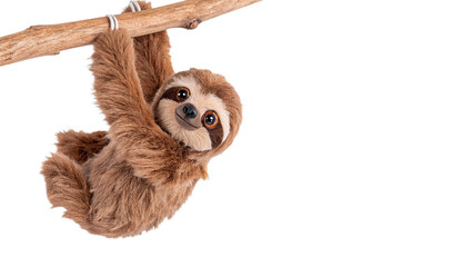 Cute small wild sloth animal hanging lazily from a wooden branch isolated on transparent background. © RobynRees