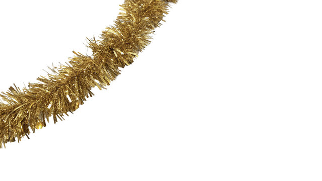 Shiny metallic golden tinsel garland long fluffy Christmas holiday decoration isolated on transparent background.