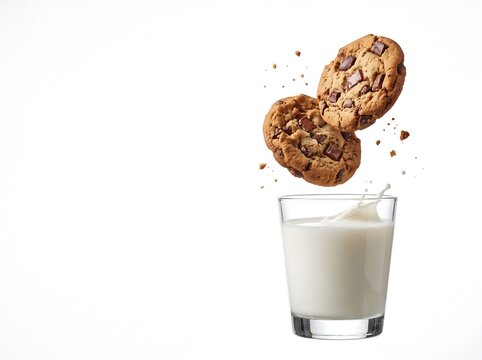 Floating Chocolate Chip Cookies Above a Glass of Milk on White Background