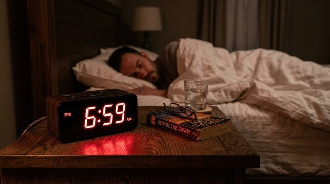 Digital Alarm Clock Showing 6:59 AM on Nightstand with Man Sleeping in Background Early Morning Concept