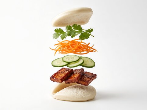 Steamed Bao Bun with Floating Tofu, Cucumber, Carrot, and Cilantro on White Background