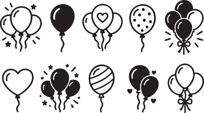 Balloon Icons Set Heart Balloons Party Celebration and Festive Decoration Outline Vector Collection