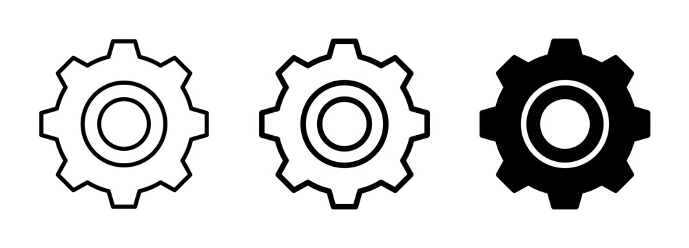 Set of three mechanical gear wheels depicted in thin outline and solid black styles with part