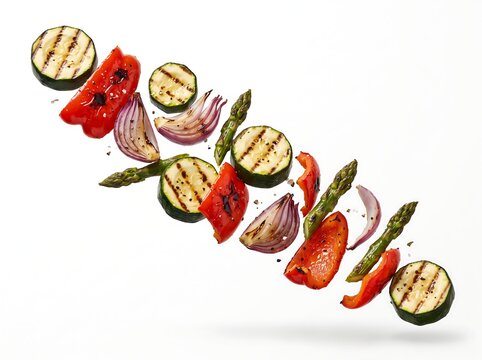 Floating Grilled Zucchini, Red Pepper, Red Onion, and Asparagus on White Background